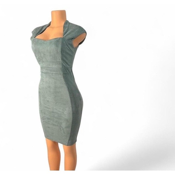 Privy Privately Privileged Sage Faux Suede Bodycon Dress Cap Sleeve Medium - Picture 2 of 5